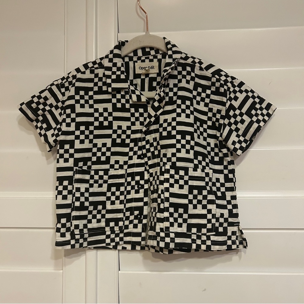 Open Edit Checked Short Sleeve Button Down Shirt White Black Size 2